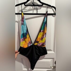 Black Multi Color Halter Body Suit Top